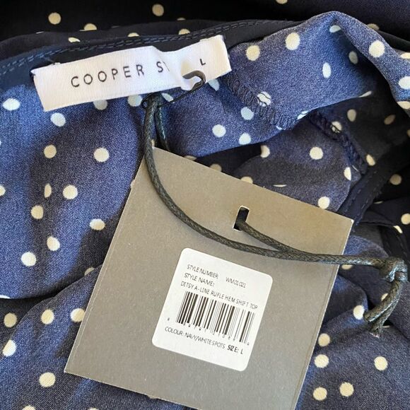 Cooper St Navy Blue White Polka Dot A-Line Ruffle Hem Sleeveless Blouse Sz L NWT - Picture 7 of 16